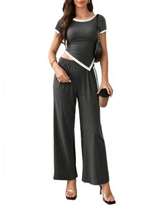 Women's 2 Piece Outfits Lounge Sets Slim Short Sleeve Tops Wide Leg Pants Set... - Picture 1 of 6