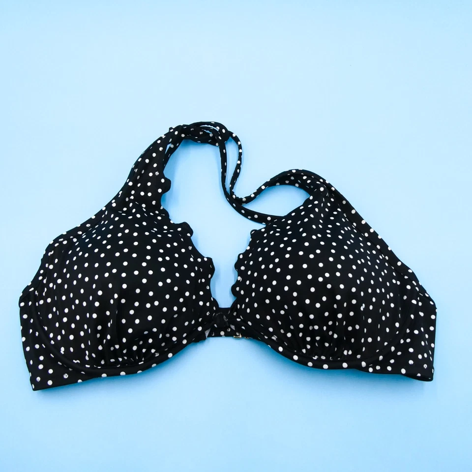 Top de bikini halter con aros bomba a lunares negros Victorias Secret 38C natación Foto 1 de 4