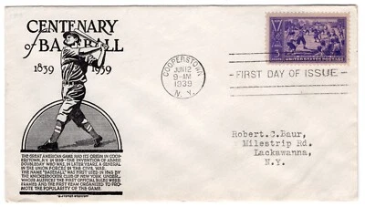 #855 Baseball Centennial 1939 FDC - Planty 1a Anderson - Image 1 of 2