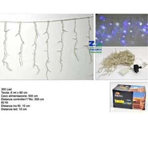 LUCI NATALIZIE TENDA LUMINOSA 6 MT. 300 LED EFFETTO CASCATA LUCE BIANCA - BLU - Foto 1 di 1
