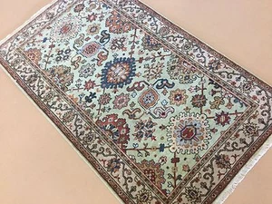 3'.0" X 5'.1" Light Green Beige Fine Geometric Oriental Rug Hand Knotted Wool - Picture 1 of 12