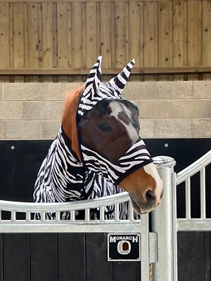Zebra Print Padded Mesh Fly Mask Hood with Ears Horse and Pony Sizes