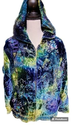 Chico's Velvet Silk Hoodie Size 2/US 8 Embellished Full Zip Lined Boho Artsy - Image 1 of 4