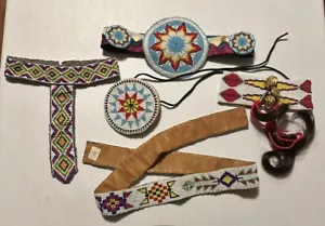 Vtg Native American Beaded Seed Bead Lot Belt Choker Medallion Headband Leather - Picture 1 of 23