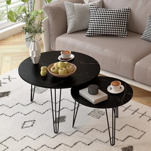 Set of 2 Nesting Coffee Tables Round End Side Tables Marble Tabletop Metal Frame - Picture 1 of 11