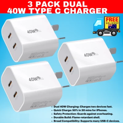 3 PACK Dual Type C Fast Wall Charger USB-C Power Adapter iPhone Samsung AU30%OFF - image 1 of 4