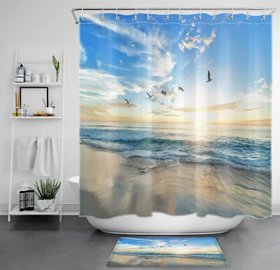 Juego de cortinas de ducha azul onda océano playa paisaje natural para decoración de baño Foto 1 de 4