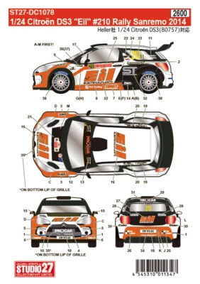 [Decalcomanie STUDIO 27] 1/24 Citroen DS3 "Eil" #210 Rally Sanremo per Heller... - Immagine 1 di 3