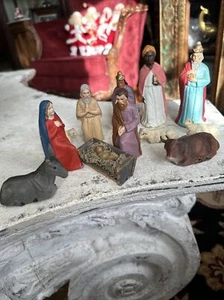 Vintage Christmas German 12 Pc Nativity Set Germany Paper Mache Wax Baby Jesus - Bild 1 von 19