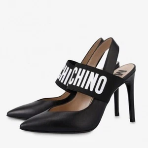Moschino Logo Elastic Band Slingback Leather Heels - Picture 1 of 9
