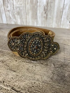 Vintage Caché Fashion Belt Bling Buckle Brow/Gold Leather/Fabric L36 - Picture 1 of 12