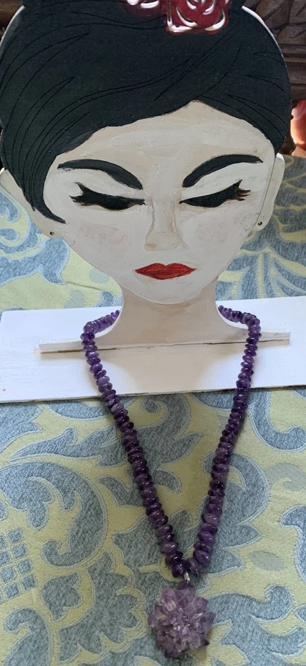 "Collar colgante vintage atado a mano púrpura con cuentas de amatista 18"" con flor de cristal" Foto 1 de 4