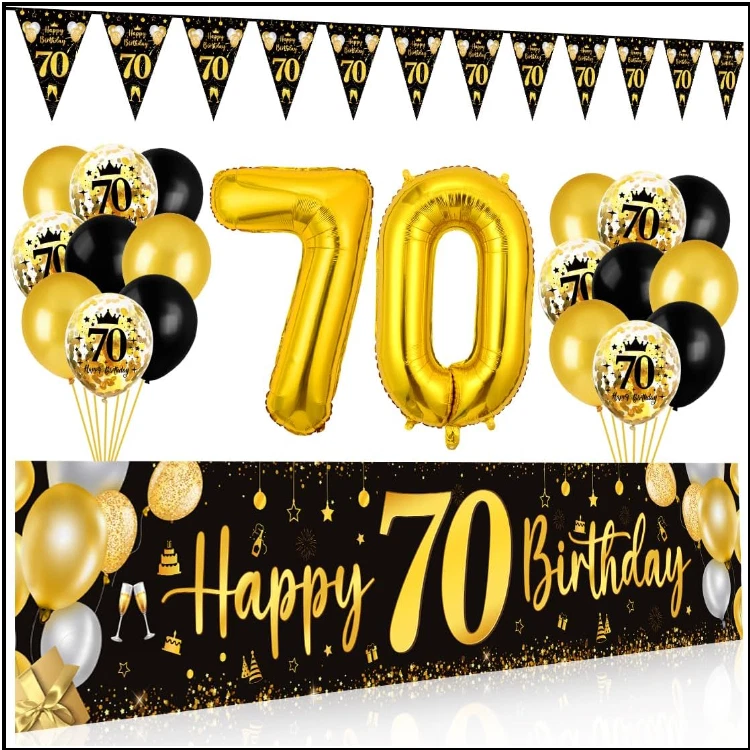 70. Geburtstag Deko Set In Schwarz – Mit Ballongirlande, Banner, Zahlenballons & Sternen, Für Frauen/Männer