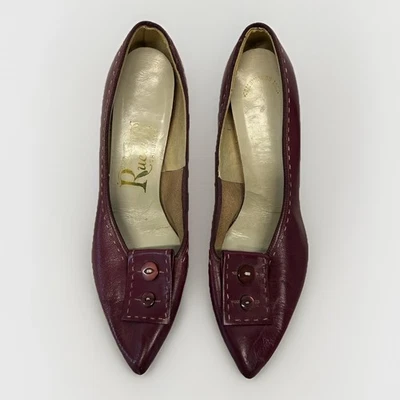 De colección Años 70/80 Ruccelli Borgoña Ciruela Cuero Botón Punta Punta Tacones Mujer’s 7.5M Foto 1 de 4