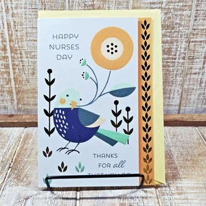 Tarjeta de felicitación del día de la enfermera Hallmark 5x7 agradecimiento pájaro azul floral dorado - Imagen 1 de 10