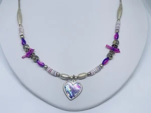 70’s Native Artisan Sterling Necklace Purple MOP Birds Heishi & Abalone Heart - Bild 1 von 15