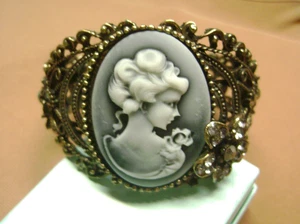 LARGE WIDE OPEN CUFF VICTORIAN STYLE CAMEO FILIGREE, FLOWER  OPEN CUFF BRACELET - Picture 1 of 8