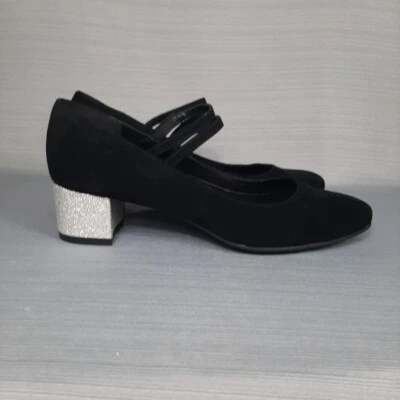 Almohadilla de aerosoles tailandesa negra gamuza plateada tacón bloque talla 9,5 Foto 1 de 4