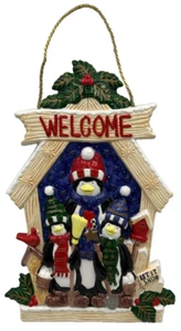 Christmas Penguins Welcome Sign Hanging Ceramic 3D Winter Home Decor HTF Vintage - Picture 1 of 7