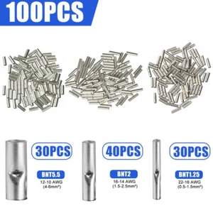 100PCS Uninsulated 12-10 16-14 22-18 Gauge Non-Insulated Butt Connectors - Picture 1 of 11