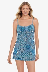 LONGITUDE 1 Piece Swimsuit Swimdress Back in Tile Multicolor Blue Sz 12 - Picture 1 of 3