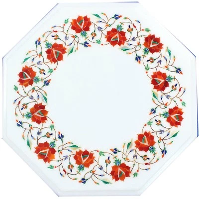 12" Marble side end Table top handmade inlay semi precious stones work table - Image 1 of 3