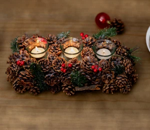 Christmas Candle Holder Decoration Tea Light Glass Votive Pinecones Xmas Home - Picture 1 of 24