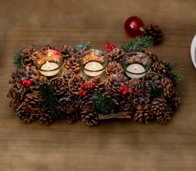 Christmas Candle Holder Decoration Tea Light Glass Votive Pinecones Xmas Home - Image 1 of 4