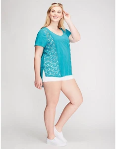 Lane Bryant 14/16 Blue Crochet Lace Side Panel Tee ~ Short Sleeve Top 14W 16W - Picture 1 of 5