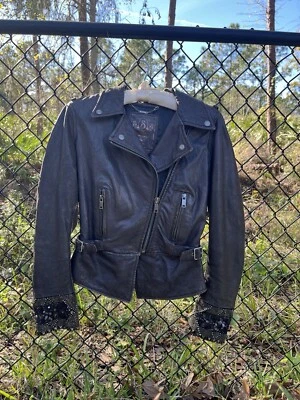 Chaqueta de cuero marrón envejecido Diesel con mangas de campana adornadas talla S Foto 1 de 4
