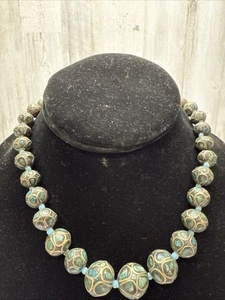 "Antiguo collar de cuentas turquesa tibetana mosaico 16,5""" - Imagen 1 de 9