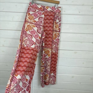 NEXT Trousers Womens Size 12 P Pink White Linen Mix Wide Leg Paisley Boho Summer - Picture 1 of 10