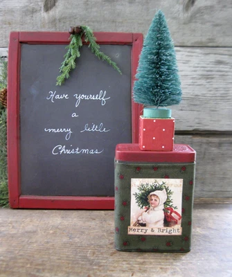 Antique Pantry Tin Calico Sleeve Christmas Postcard Print w Bottle Brush Tree - Image 1 of 4