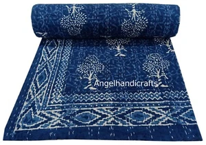 Tree Design Blue Indigo Kantha Quilt Handmade Dohar Indian Throw Cotton Blanket - Picture 1 of 9