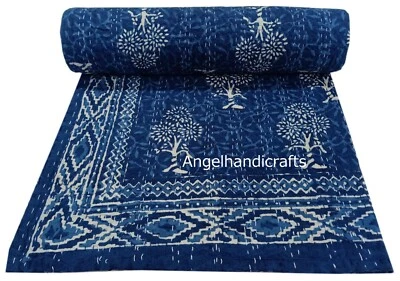 Tree Design Blue Indigo Kantha Quilt Handmade Dohar Indian Throw Cotton Blanket - Image 1 of 4