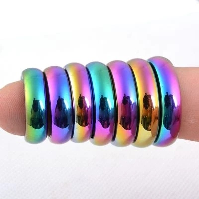 Anillo de titanio hematita magnética recubierto AB arco iris joyería curativa multicolor Foto 1 de 2