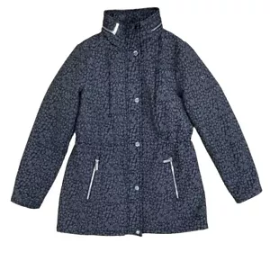 Michael Kors Leopard Black Gray Jacket Cost Adjustable Waist Hidden Hood Size M - Picture 1 of 13
