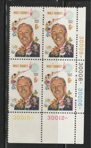 1968 U.S. Mint MNH Walt Disney 6 cent PLATE BLOCK Scott # 1355 - Picture 1 of 1