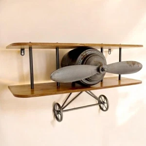 Vintage Doppeldecker Olivenholz Wandregal: Antik Metall Propeller Flugzeug Deko Geschenk - Bild 1 von 7