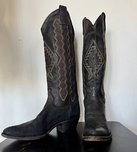 Vtg Sz 5.5 6.5 Dan Post 70s 80s Black Cowboy Cowgirl Boots Tall Aztec USA Sexy - Picture 1 of 8