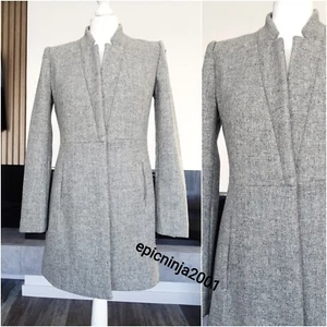 ZARA GREY MARL 100% WOOL INVERTED LAPEL COLLAR FROCK COAT SIZE S UK 8 - Picture 1 of 19