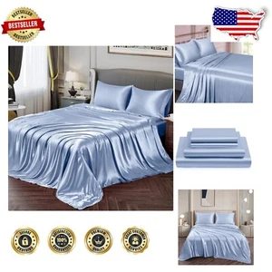 Silky Soft Baby Blue Satin Sheets - California King Set with Deep Fitted Pocket - Picture 1 of 10