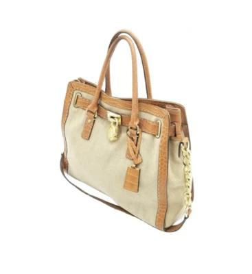 Bolso de Mano Michael Kors Grande MK Logo Beige Lona con Borde de Cuero con Bloqueo de Almohadilla Foto 1 de 4
