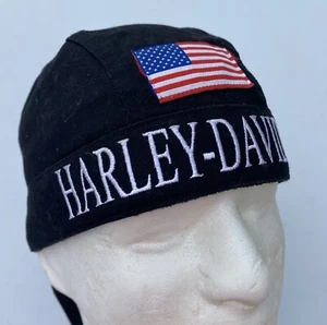 VINTAGE HARLEY DAVIDSON MOTORCYCLE BLACK SKULL CAP AMERICAN FLAG - Picture 1 of 4