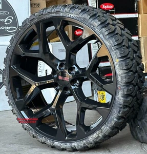 26'' inch Snowflake Gloss Black Wheels 33'' MT Tires fit Sierra Silverado Yukon - Picture 1 of 8