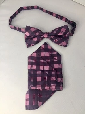 Conjunto formal de pajarita de bolsillo cuadrada a cuadros rosa y púrpura ajustable para hombre Foto 1 de 4