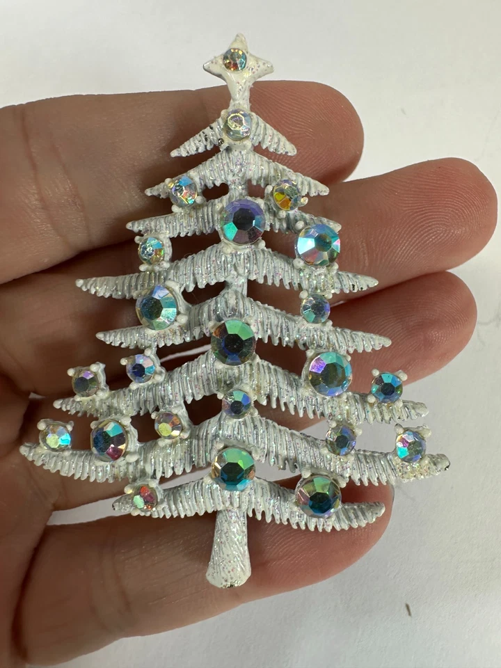 Винтажная брошь Hollycraft рождественская елка белый AB со стразами серебристый - Изображение 1 из 4