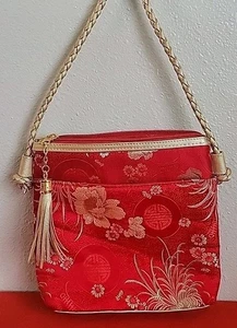 Vintage Tianni Tasche Seide rot, leichte Handtasche mit schönen goldenen Blumen - Bild 1 von 14