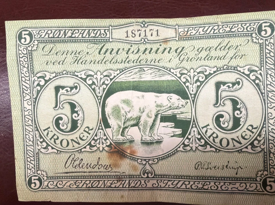 Greenland State Note, 1926-1945, 5 Kroner, Original Denmark, Polar Bear Note - Image 1 of 2