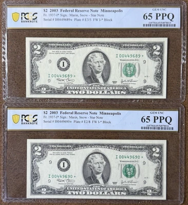 $2 2003 FRN Minneapolis PCGS 65 PPQ Fr. 1937-I* LOW SERIAL # SEQUENTIAL PAIR - Image 1 of 3